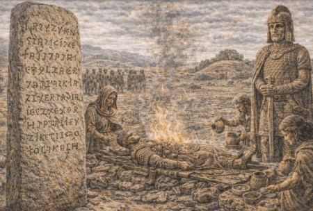 고대 코르도바 지역 이베리아인의 문자 비석과 장례 의례를 묘사한 역사적 재현 이미지