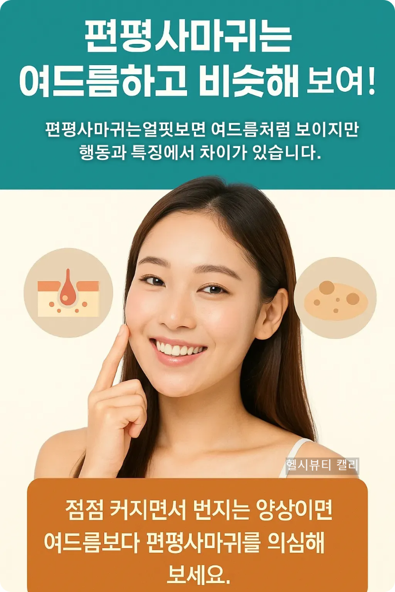 편평사마귀와 여드름의 차이를 설명하는 한국어 인포그래픽 &ndash; 여성 모델이 뺨을 가리키는 모습과 피부 아이콘 포함