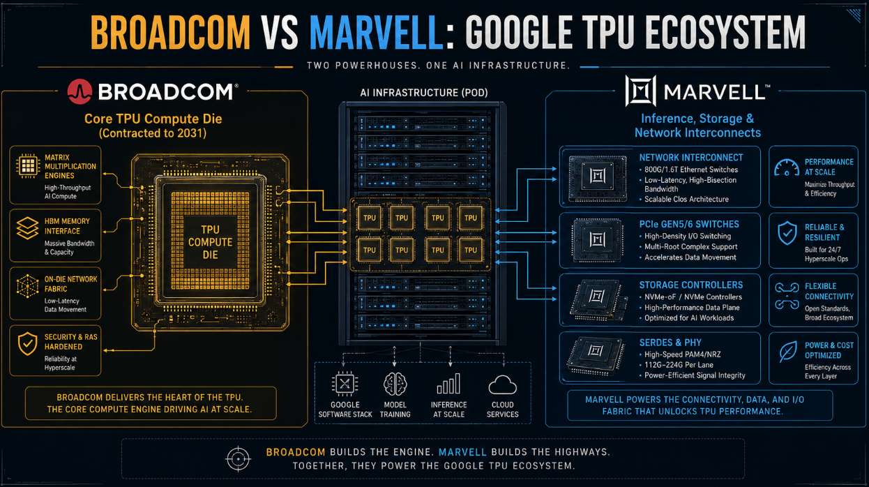 Architectural comparison diagram showing Broadcom's core compute role versus Marvell's subsystem role within Google's TPU infrastructure.