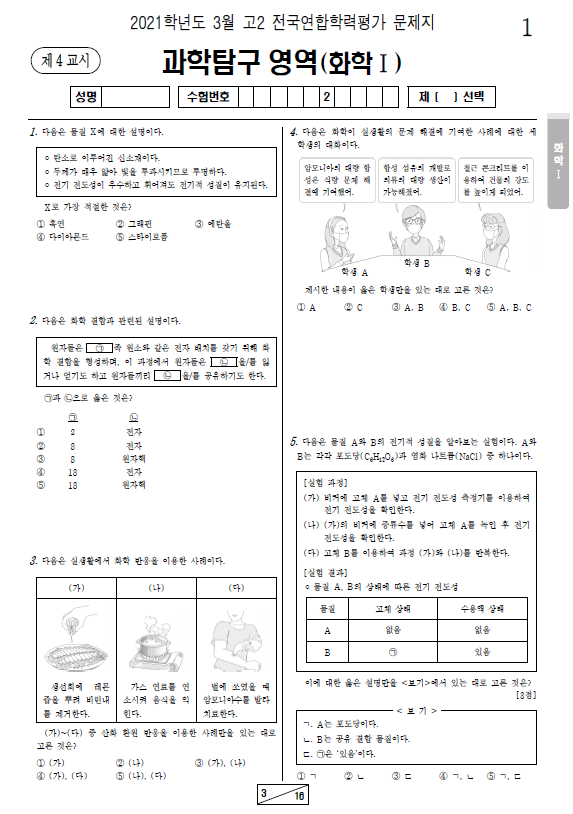 2021-3월-고2-모의고사-화학 1-기출문제-다운