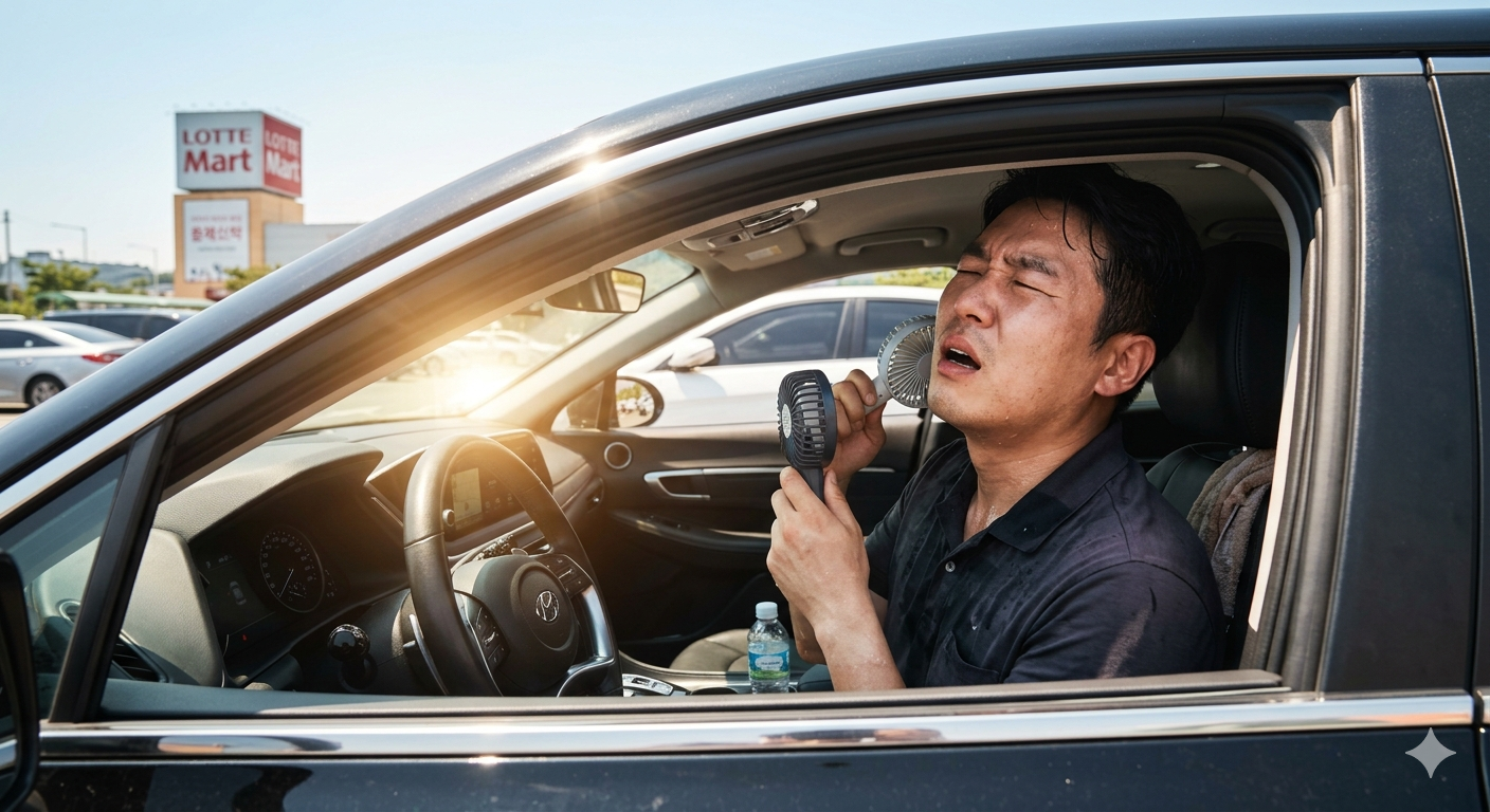 뜨거운 자동차안에서 더워하는 운전자 이미지