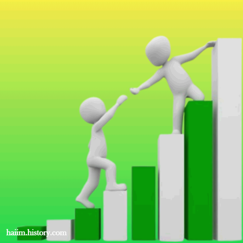 초록색 그래프 위에서 한 사람이 다른 사람의 손을 잡아 끌어주는 모습. 성장 과정에서의 협력, 지원, 동반 성장을 상징하는 이미지.