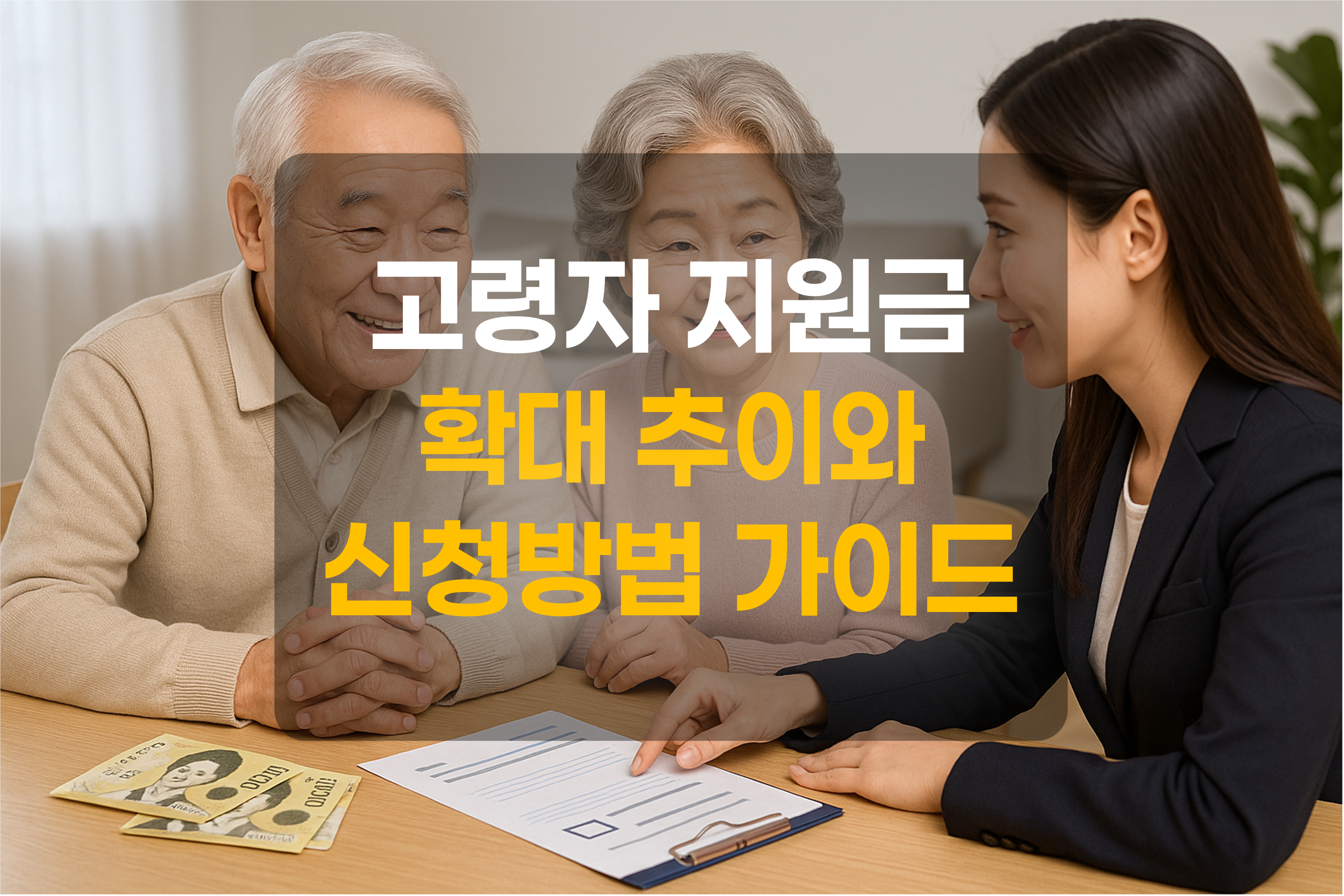 노인들에게 지원금을 설명하고 있는 상담사를 표현한 그림