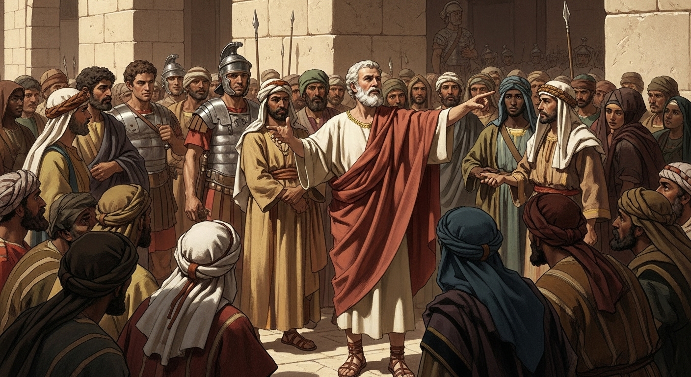 로마 도시 한복판에서 다양한 사람들에게 복음을 전하는 바울의 모습. 주변에는 로마 병사들이 지켜보고 있습니다.