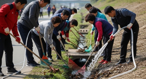 안양천 주변 주민이 배수구 청소하는 모습