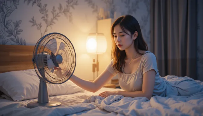 여름밤 시원한 수면을 위해 선풍기를 조절하는 여성