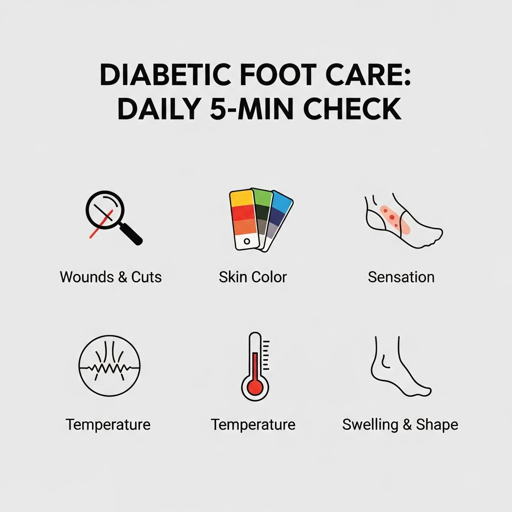 [이미지 2: 당뇨발 자가 검진 체크리스트를 보여주는 깔끔한 인포그래픽. 각 항목마다 상처, 발 색깔, 신경 등을 상징하는 아이콘 포함, 텍스트는 영문으로 표기]