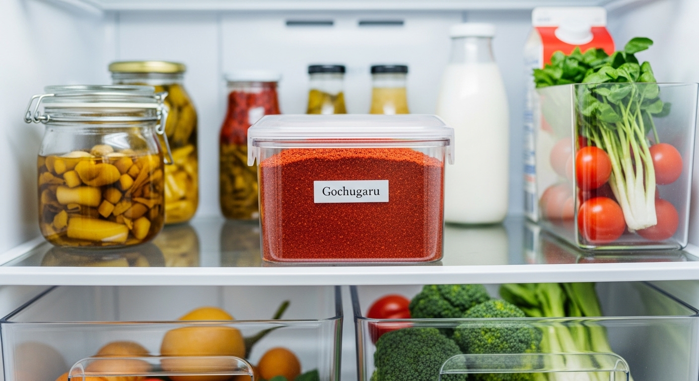 불투명한 밀폐 용기에 담긴 고추가루가 깔끔하게 정리된 냉장고 선반에 보관되어 있는 모습. 신선하고 위생적인 주방 환경을 연상시킵니다.