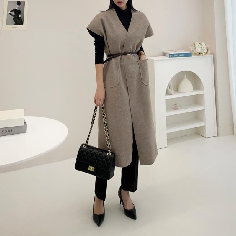 바이브루니 브이넥 모직조끼 드랍숄더 롱베스트 벨트세트