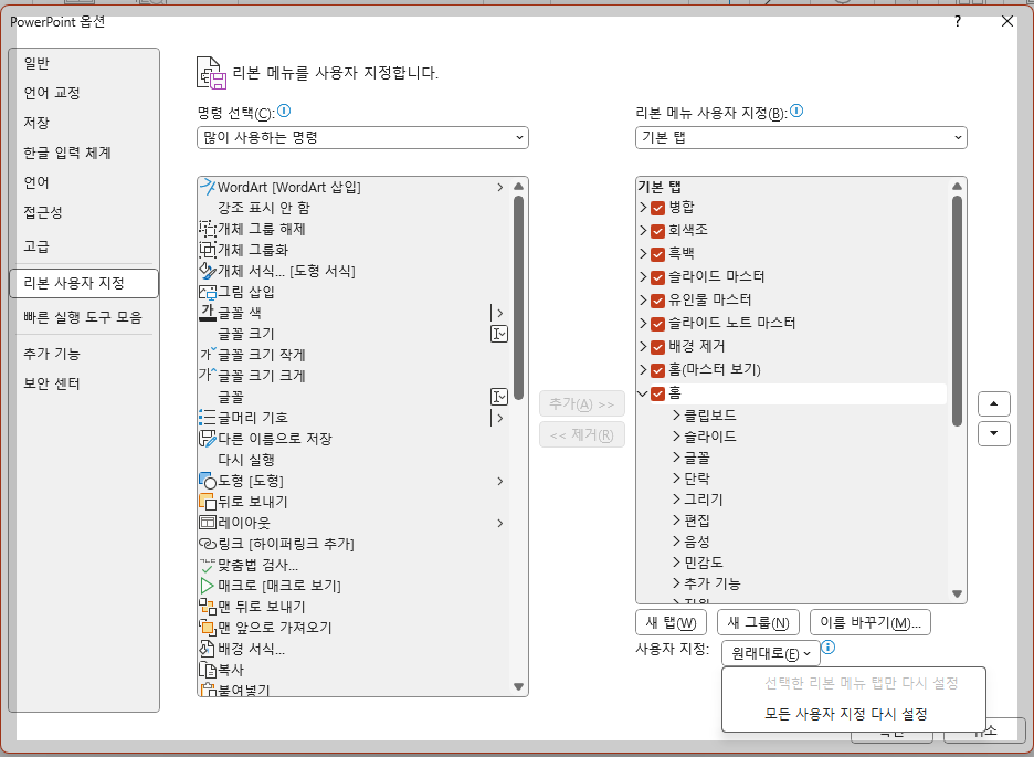 PPT 옵션 리본메뉴