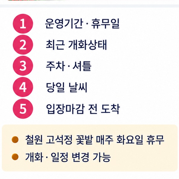 꽃축제 방문 전 운영기간 개화상태 주차 날씨 입장마감시간을 확인하는 체크리스트 이미지
