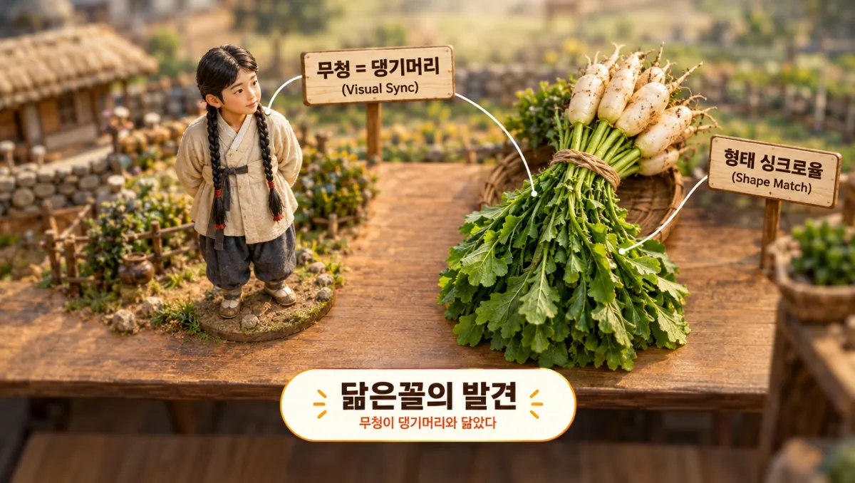총각무와 총각 머리의 싱크로율 - 댕기머리 소년과 무청 다발의 형태 비교 미니어처