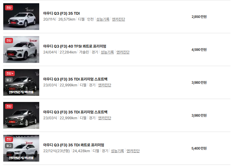 아우디 Q3 중고차 가격 시세표 유지비