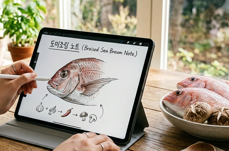햇살이 드는 주방 창가 옆 나무 식탁에서 아이패드 프로 화면에 '도미조림 노트'라는 한글 제목과 함께 참돔 일러스트, 향신채 투입 순서 메커니즘을 드로잉하는 모습. 테이블 오른쪽에는 도자기 대접에 담긴 신선한 생물 도미 두 마리와 표고버섯, 실파가 놓여 있는 서정적인 주방 이미지.