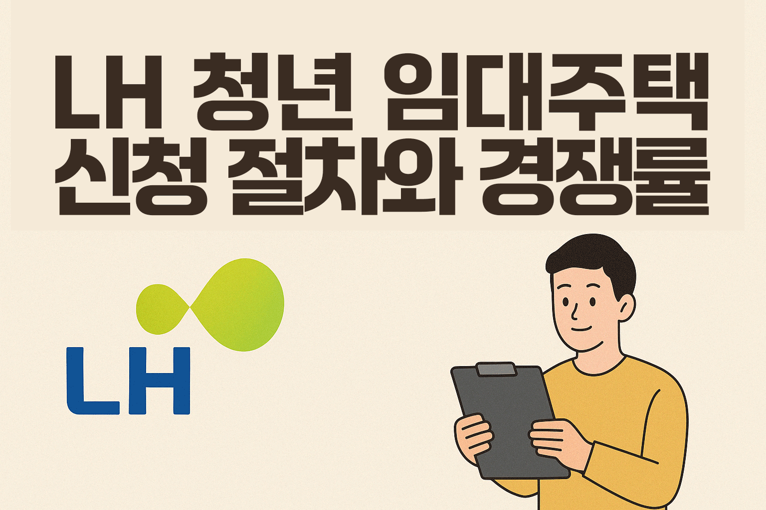 LH 청년 임대주택 신청 절차와 경쟁률 안내 - 클립보드를 든 청년과 LH 로고 일러스트
