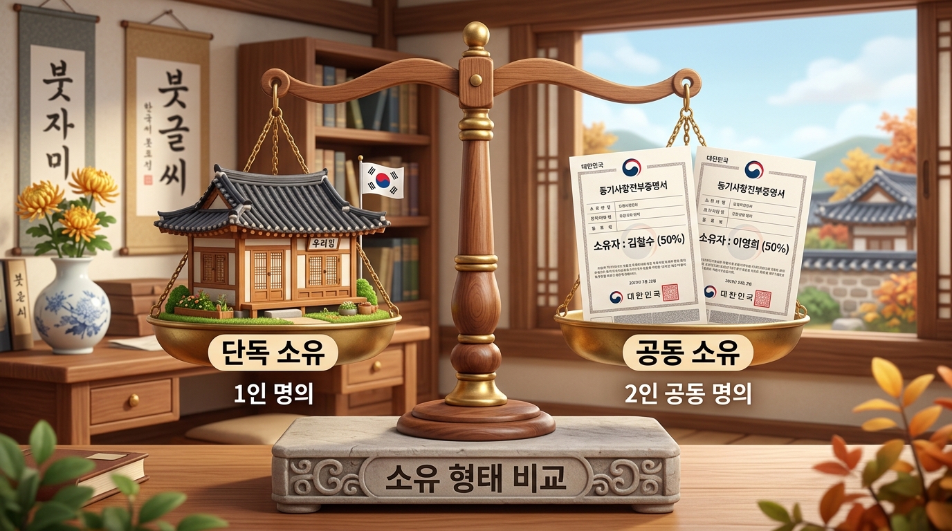 부부 공동명의와 단독명의의 종부세 유불리를 비교하는 3D 저울 일러스트