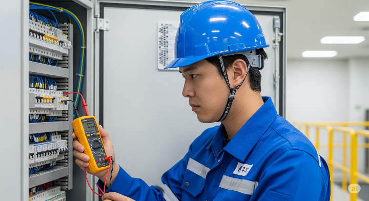 한 명의 한국인 남성 작업자가 누전차단기 패널을 점검하고 있는 모습.