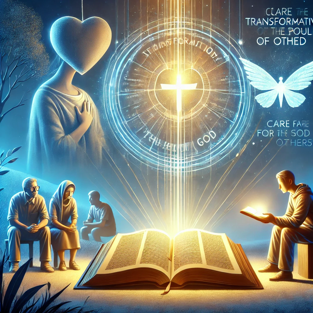 Here is the inspiring image depicting a person praying and sharing the Word of God with others, focusing on the transformative power of scripture. The scene illustrates the dedication to spiritual transformation and the importance of addressing the spiritual needs of others.