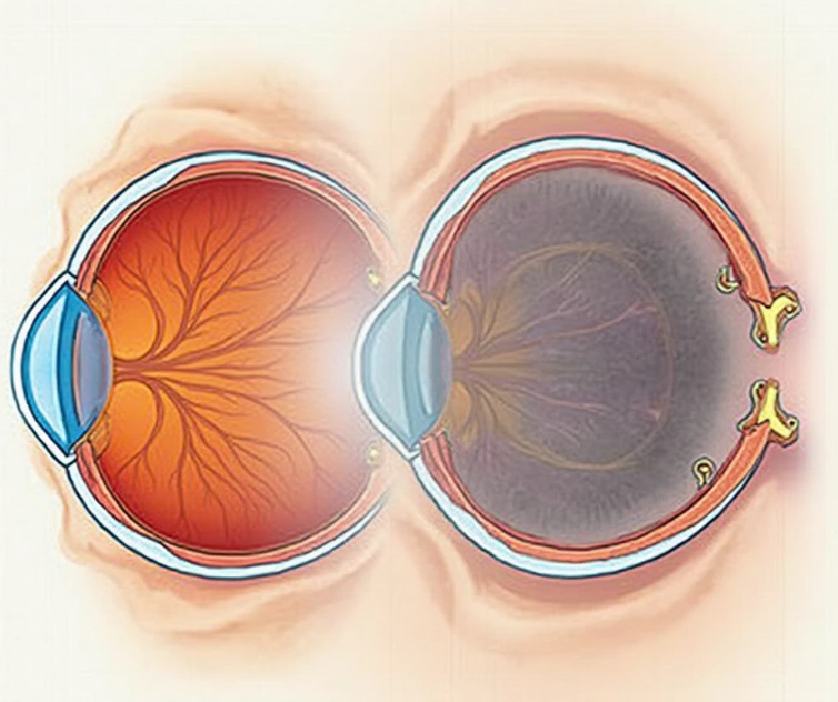 정상적인 눈과 녹내장에 걸린 눈을 비교한 단면도. 정상 눈은 시신경이 건강하고 시야가 넓은 반면, 녹내장에 걸린 눈은 시신경이 손상되어 있고 시야가 좁아진 모습을 보여줍니다.