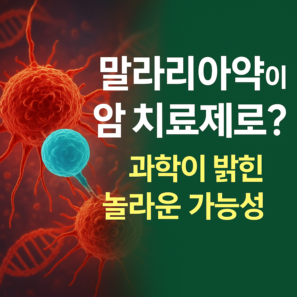 말라리아약이 암 치료제로 활용될 수 있다는 가능성을 다룬 한국어 썸네일 이미지. 왼쪽에는 붉은 암세포 이미지와 파란 치료세포 이미지가 있고, 오른쪽에는 &ldquo;말라리아약이 암 치료제로? 과학이 밝힌 놀라운 가능성&rdquo;이라는 한글 텍스트가 들어가 있음.