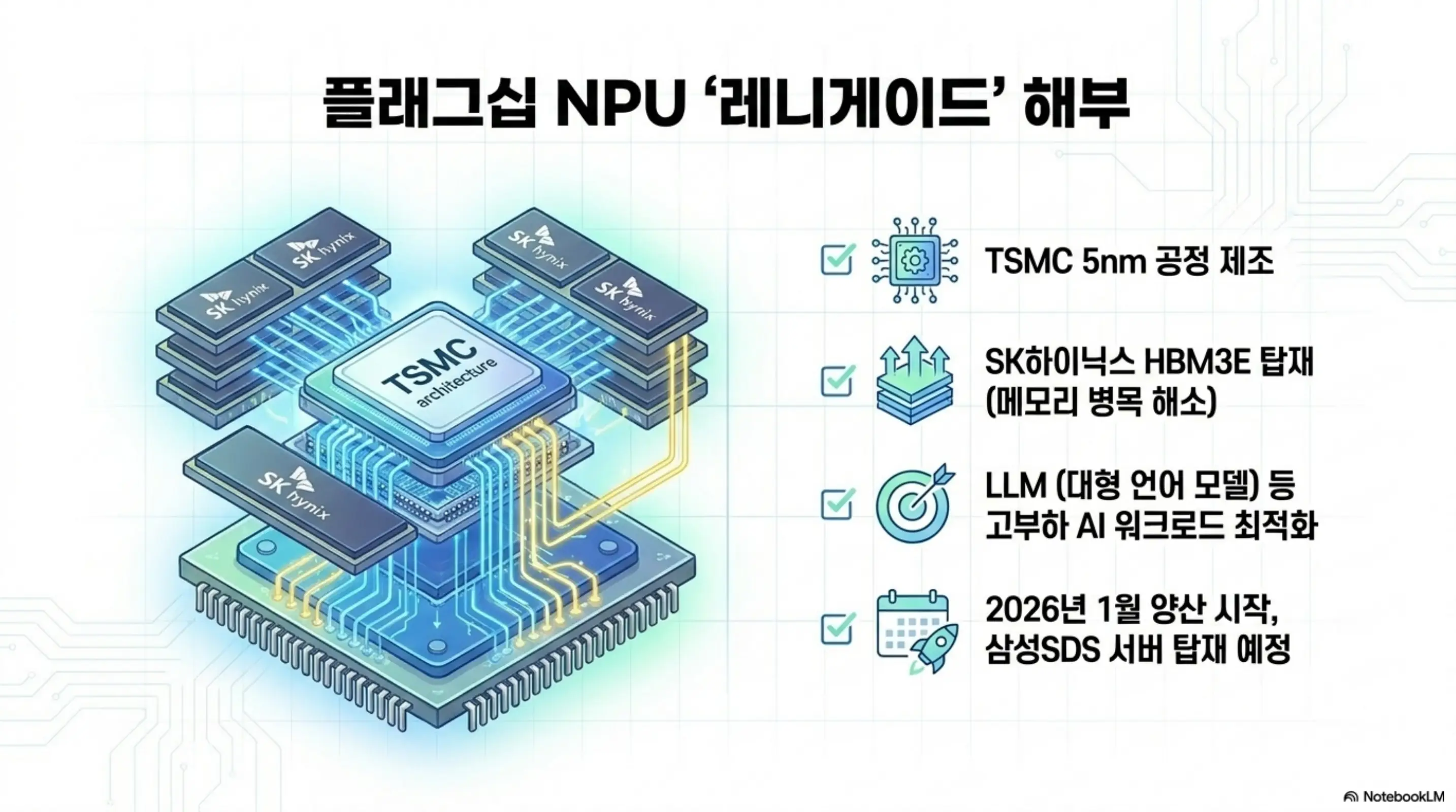 퓨리오사AI의 플래그십 NPU 레니게이드의 핵심 사양을 해부한 인포그래픽. TSMC 5nm 공정 제조와 SK하이닉스 HBM3E 탑재 그리고 LLM 등 고부하 AI 워크로드 최적화와 2026년 1월 양산 시작 및 삼성SDS 서버 탑재 예정 정보를 정리한 이미지 