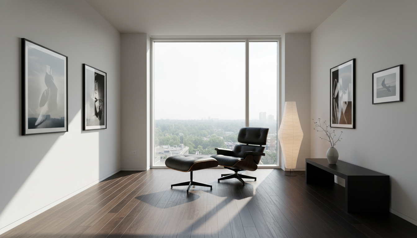 햇살이 가득 들어오는 커튼 없는 큰 창문과 미드센추리 모던 스타일의 가구가 배치된 옥자연 스타일의 거실 인테리어 전경