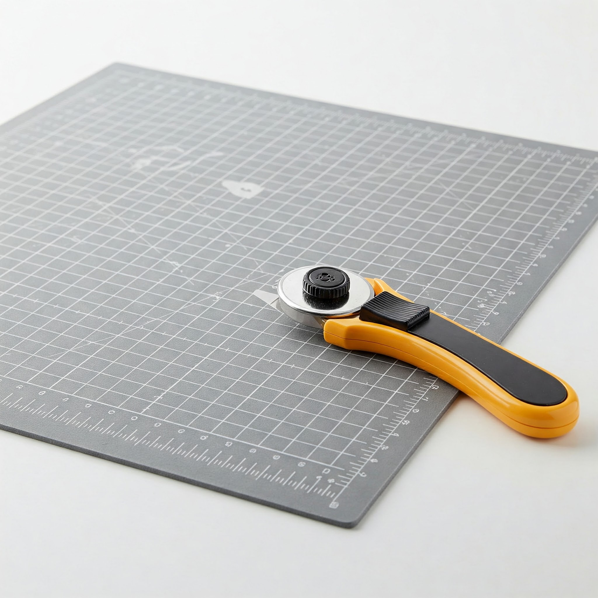 회색 재단 매트와 로터리 커터가 있다.