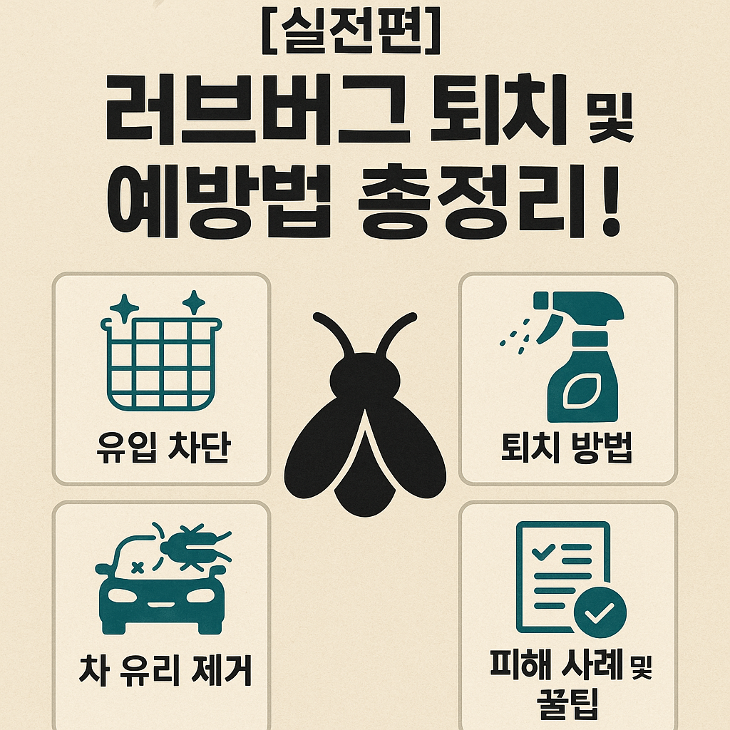 &ldquo;러브버그 퇴치 및 예방법을 주제로 한 한국어 인포그래픽. 중앙에 러브버그 일러스트가 있고, 주변에는 유입 차단, 퇴치 방법, 차량 유리 제거, 피해 사례 및 꿀팁 등 네 가지 실전 팁을 상징하는 아이콘과 텍스트가 배치되어 있다. 배경은 베이지색이며 전체적으로 깔끔하고 실용적인 디자인.&rdquo;