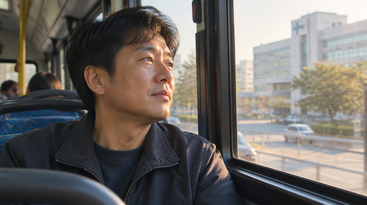 병원 가는 버스에서 창밖을 보는 편마비 아빠