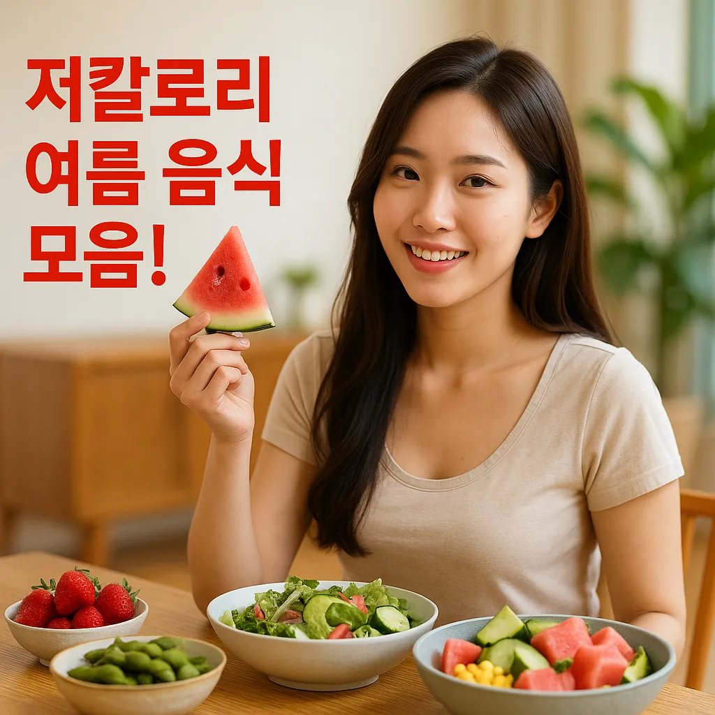 저칼로리 여름 음식 샐러드, 수박, 딸기, 완두콩 등을 식탁 위에 두고 수박 조각을 들고 웃고 있는 20대 한국 여성, 건강한 여름 식단