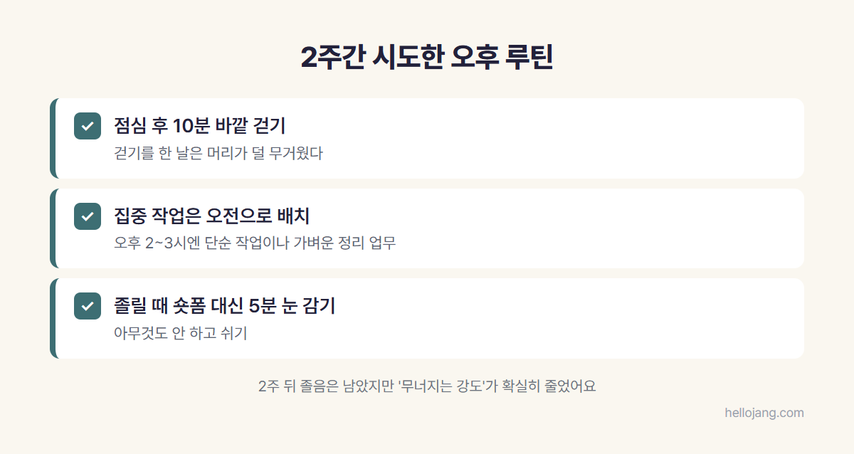 점심 후 10분 바깥 걷기, 집중 작업을 오전으로 옮기기, 졸릴 때 숏폼 대신 5분 눈 감기 등 오후 졸음을 다루기 위해 2주간 시도한 루틴 체크리스트