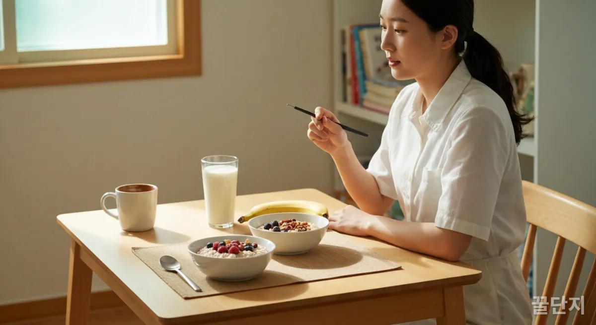 따뜻한 오트밀 죽과 과일, 우유로 구성된 1인 가구의 건강한 아침 식사