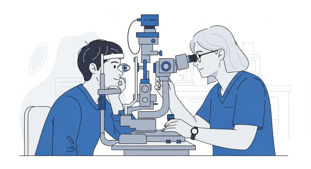 안과에서 세극등 장비로 눈 표면과 내부를 검사하는 장면