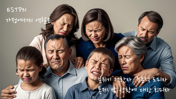 ESTP의 가정에서의 역할은 분위기 전환자, 즉흥적 도피자, 통제 밖 상황에 대한 회피자에 관한 그림