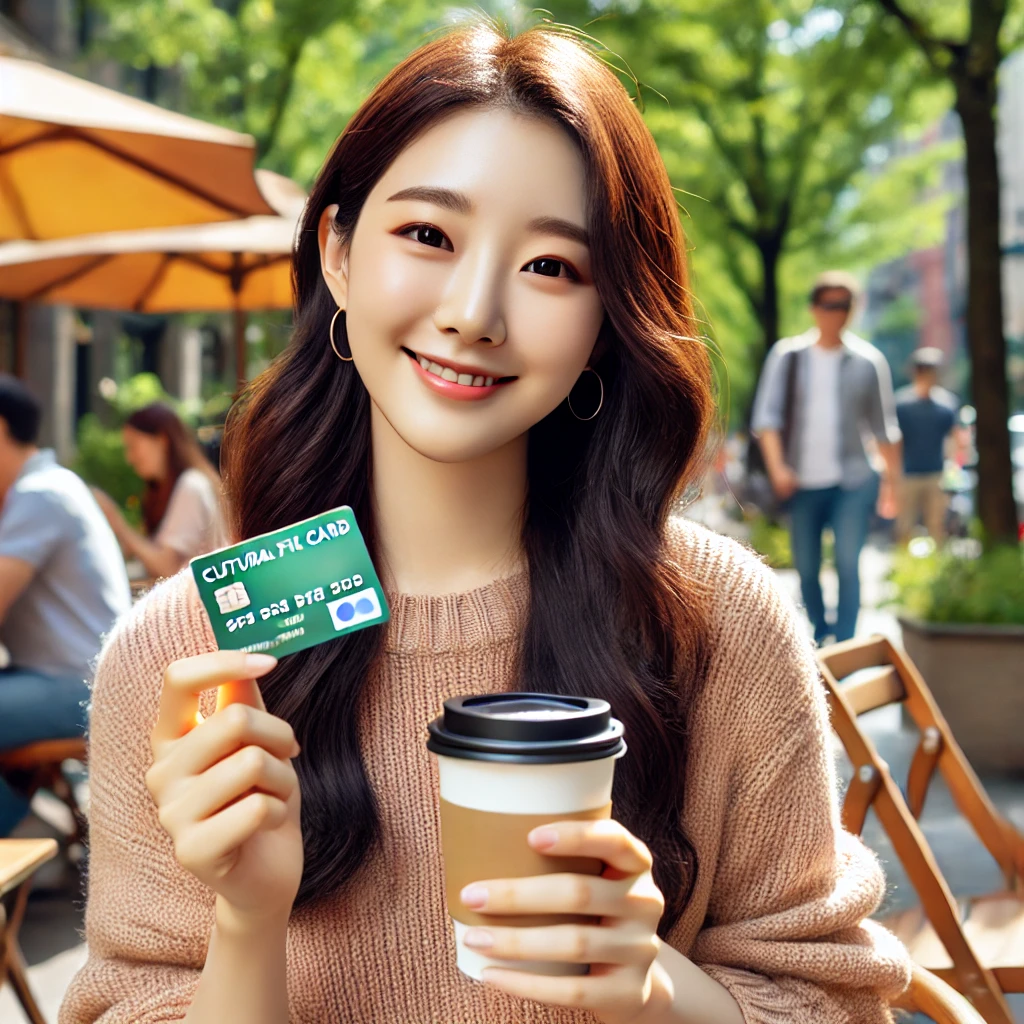 야외 카페에서 커피를 들고 문화누리카드를 보여주는 한국 여성.