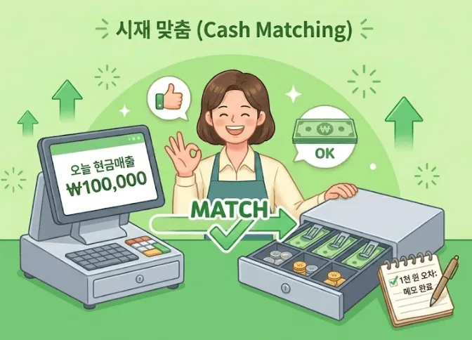 현금거래 많은 업종 장부정리: 매일 밤&amp;#44; POS 데이터상의 현금 매출액과 실제 시재통의 잔액을 맞추는 당일 마감 과정을 시각화한 이미지. 밝은 초록색 배경에 POS 스크린의 ₩100&amp;#44;000과 금고 안의 현금이 일치함을 확인하고 만족해하는 사장님 캐릭터가 그려진 블로그 보조 이미지 