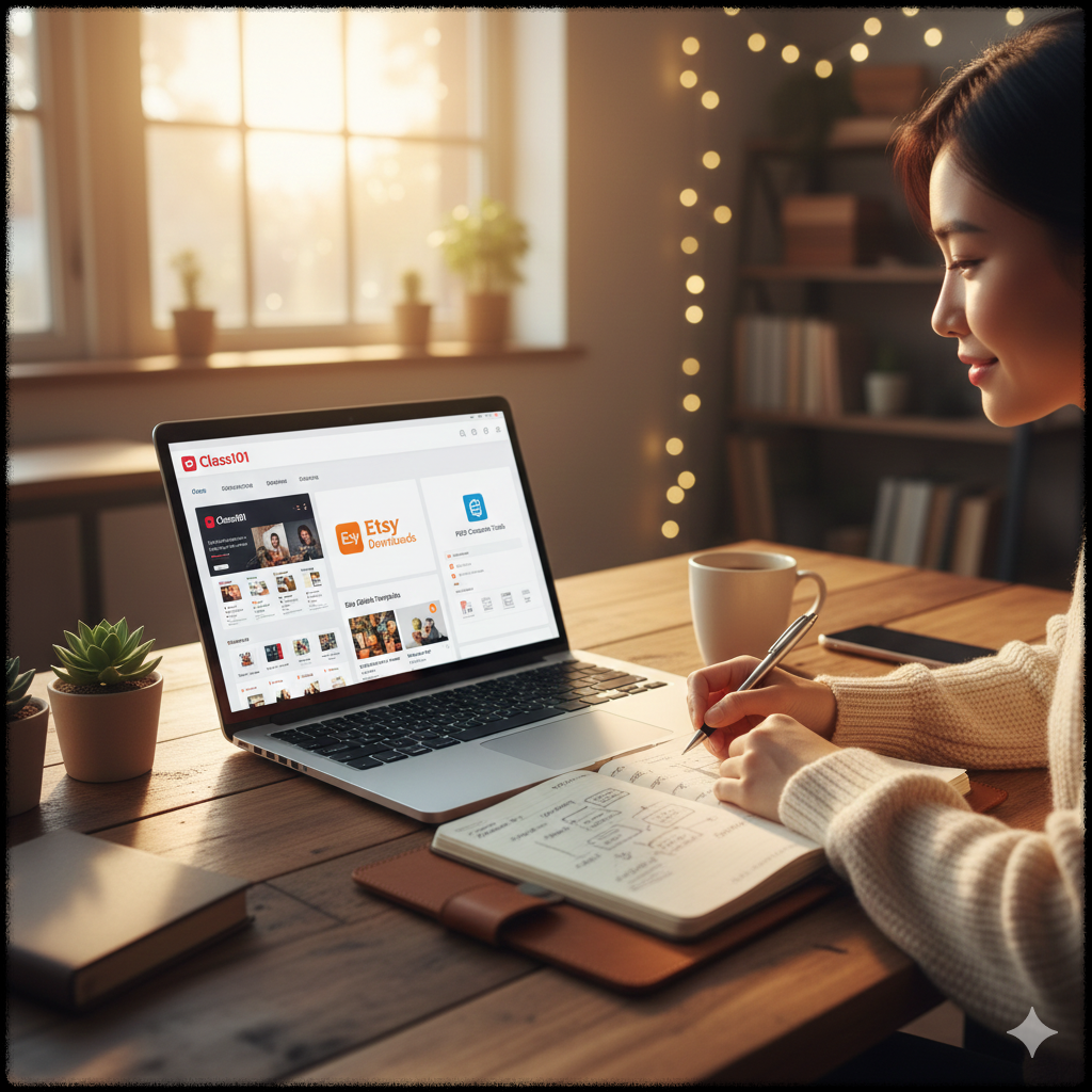 소상공인이 온라인 강의 PDF 자료 등 디지털 상품을 제작하는 모습