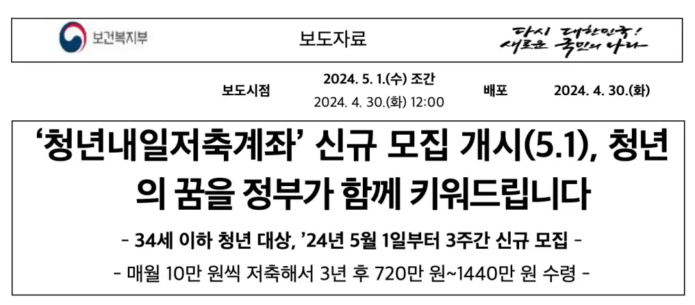 청년내일저축계좌-보도자료