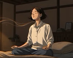 깊은 수면을 위해 명상과 호흡을 하고 있는 이미지