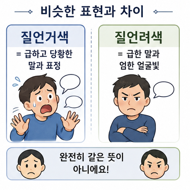 급하고 당황한 모습을 뜻하는 질언거색과 급한 말과 엄한 얼굴빛을 나타내는 질언려색의 차이를 비교한 이미지