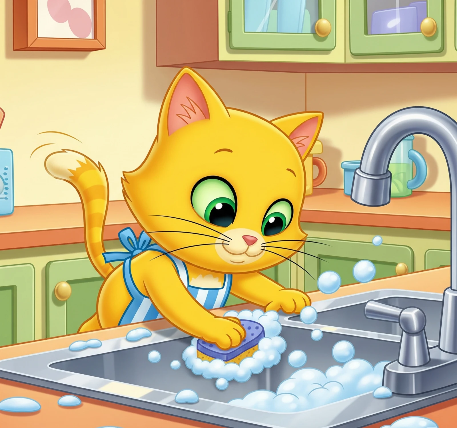 싱크대 청소하는 고양이 그림, Illustration of a cat cleaning the sink