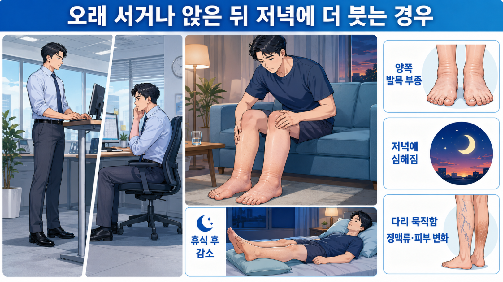 오래 서거나 앉은 뒤 저녁에 심해지고 휴식 후 감소하는 양쪽 발목 부종 양상