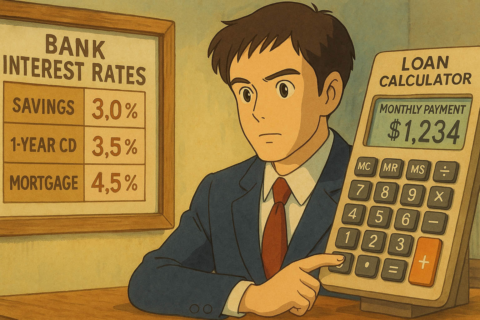 은행 금리 비교표와 대출 상환 계산기를 보는 남성의 지브리풍 일러스트