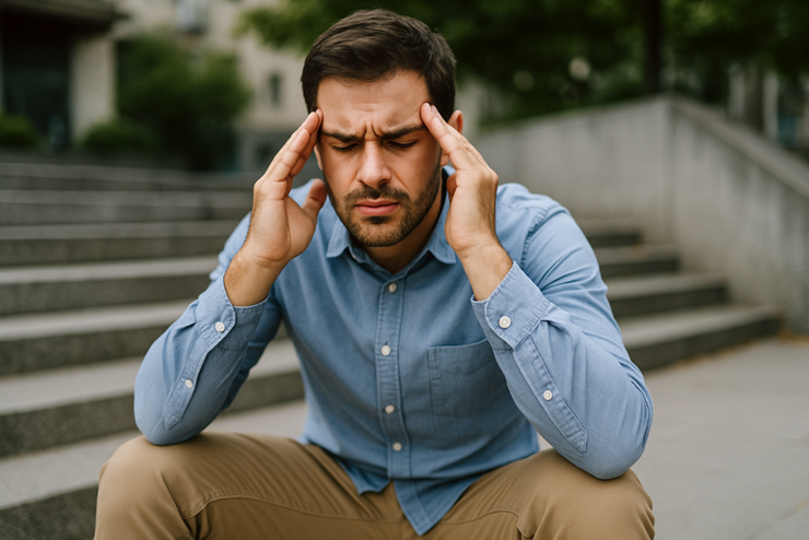 머리를 잡고있는 남자