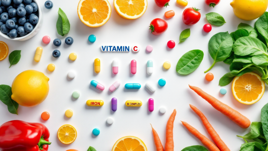 설염 완화를 위한 비타민과 철분 보충을 상징하는 영양제와 신선한 과일 채소