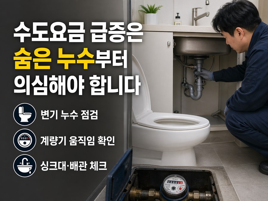 변기 누수, 계량기 움직임, 싱크대 하부와 배관 상태를 점검해 수도요금이 많이 나오는 이유를 확인하는 체크리스트형 이미지입니다.