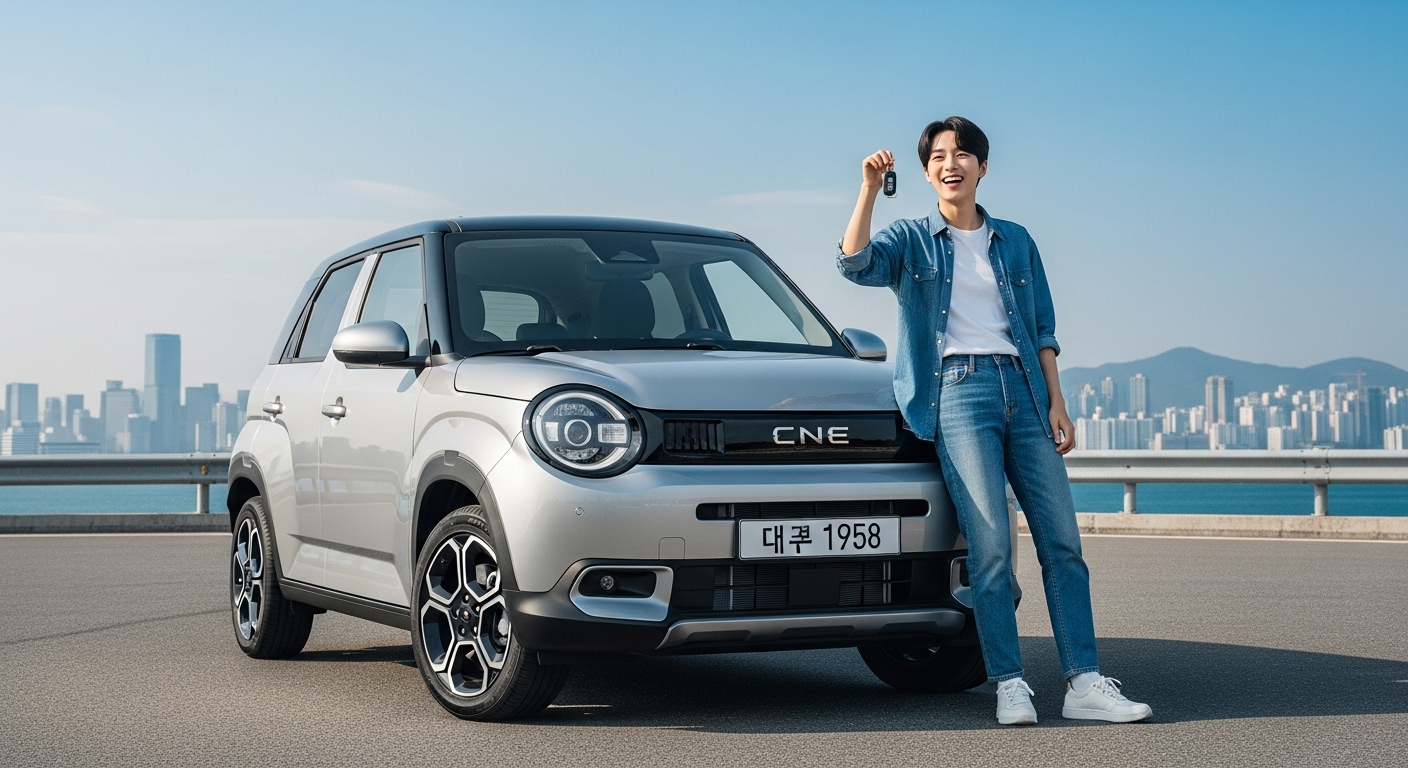 새로운 차량 앞에서 환하게 웃고 있는 20대 청년의 모습, 첫차 구매의 설렘과 자유를 상징하는 이미지.