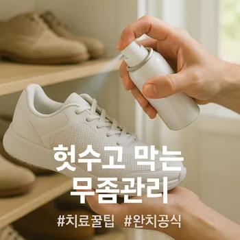 한 인물의 손이 클로즈업되어, 깨끗한 운동화 내부에 항진균 스프레이를 꼼꼼하게 뿌리고 있다. 배경은 밝고 정돈된 현관 신발장이며, 햇살이 비쳐 위생적이고 상쾌한 느낌을 준다. 스프레이가 분사되는 순간, 푸른색의 미세한 입자들이 빛나며 살균 효과를 시각적으로 강조한다. 치료 효과를 높이는 '똑똑한 관리'라는 긍정적이고 희망적인 분위기. 잡지 화보 같은 실사 스타일, 선명한 초점.