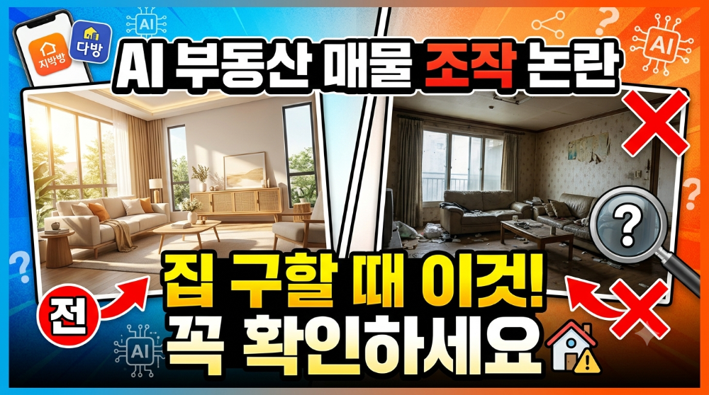 AI로 보정된 깨끗한 거실 풍경과 먼지 쌓인 실제 노후 매물의 전후 비교 사진, 'AI 부동산 매물 조작 논란, 집 구할 때 이것! 꼭 확인하세요' 문구가 포함된 썸네일 이미지