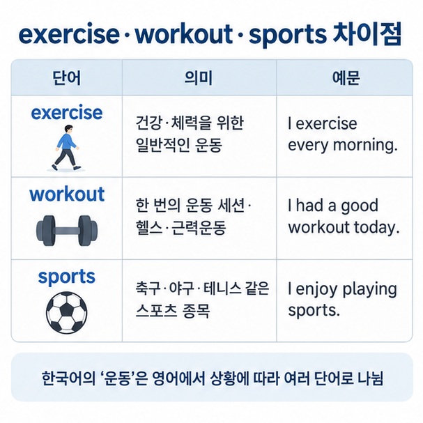 exercise workout sports의 의미와 대표 예문을 표로 비교하는 이미지